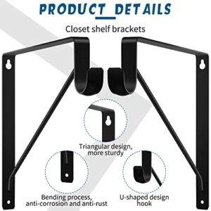 Nuogo 8 Pcs Heavy Duty Closet Rod Brackets Bulk Black Closet Shelf Bracket with Rod Support Rod Brackets Holder Shelf Rod Hangers Hooks with Screw for Home and Closet Decor, 11 x 11 Inches