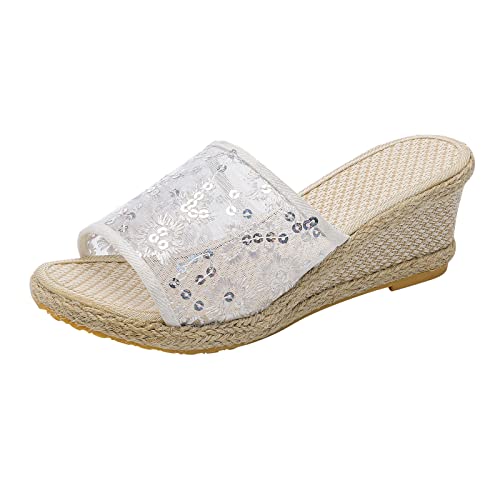 Women Slippers Platform Wedge Slippers Versatile Sequin Mesh Breathable Wedge Fuzzy Bunny Slippers Women