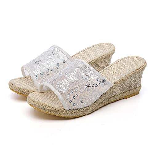 Women Slippers Platform Wedge Slippers Versatile Sequin Mesh Breathable Wedge Fuzzy Bunny Slippers Women