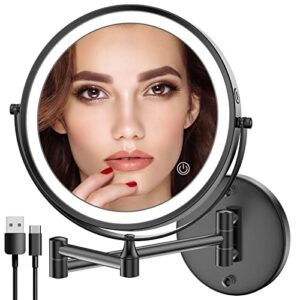 rocollos rechargeable lighted makeup mirror, vanity mirror with 3 color lights, dimmable touch screen,8 inch led double sided 1x/10x magnifying 360°swivel shaving mirror 13 inch extendable (black)