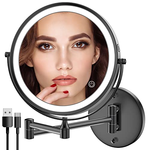 Rocollos Rechargeable Lighted Makeup Mirror, Vanity Mirror with 3 Color Lights, Dimmable Touch Screen,8 Inch LED Double Sided 1X/10X Magnifying 360°Swivel Shaving Mirror 13 Inch Extendable (Black)