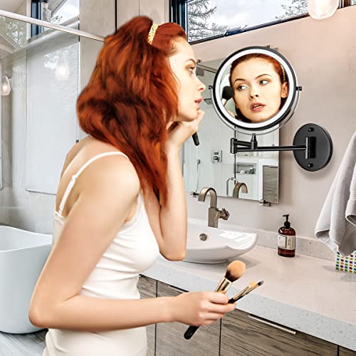 Rocollos Rechargeable Lighted Makeup Mirror, Vanity Mirror with 3 Color Lights, Dimmable Touch Screen,8 Inch LED Double Sided 1X/10X Magnifying 360°Swivel Shaving Mirror 13 Inch Extendable (Black)