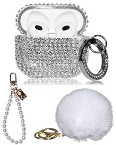 4in1 bling diamonds for airpods 3 case cover accessories set kit, rhinestone pc for airpods 3rd generation case for women girl w/ cute fur ball pompom keychain/crystal bracelet/lobster clasp keychain