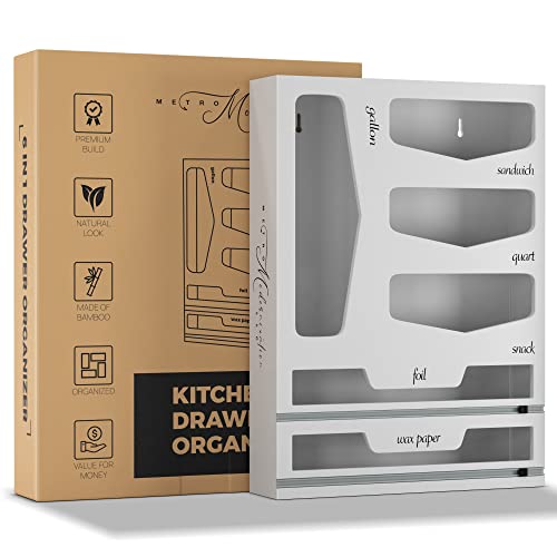 Metro Modernization Kitchen Drawer Organizer – 6-in-1 Ziplock Bag Storage and Foil Plastic Wrap Dispenser with Cutter Bamboo for Bags Wrap, White, Large Standard Size