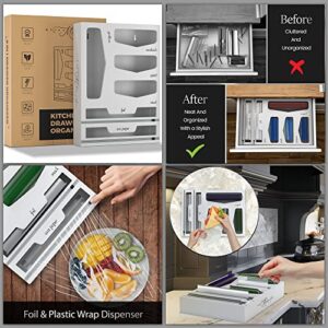 Metro Modernization Kitchen Drawer Organizer – 6-in-1 Ziplock Bag Storage and Foil Plastic Wrap Dispenser with Cutter Bamboo for Bags Wrap, White, Large Standard Size