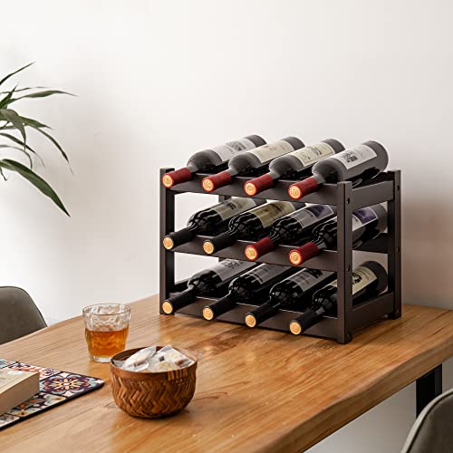 VASMIA Bamboo Wine Rack, Sturdy and Durable Wine Storage Cabinet Shelf, Wine Racks Countertop for Pantry,Kitchen,3-Tier 12 Bottles Wine Rack Brown