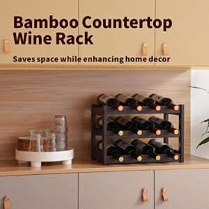 VASMIA Bamboo Wine Rack, Sturdy and Durable Wine Storage Cabinet Shelf, Wine Racks Countertop for Pantry,Kitchen,3-Tier 12 Bottles Wine Rack Brown