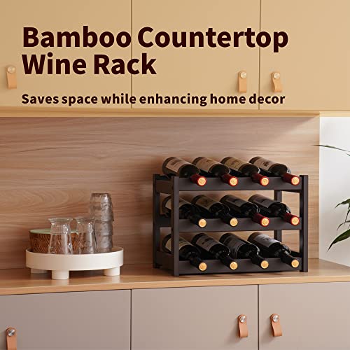 VASMIA Bamboo Wine Rack, Sturdy and Durable Wine Storage Cabinet Shelf, Wine Racks Countertop for Pantry,Kitchen,3-Tier 12 Bottles Wine Rack Brown