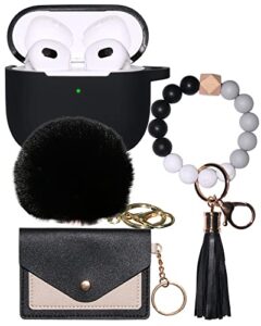 4-in-1 for airpods 3 case cover accessories set kit, cute for airpod 3rd generation case skin with fur ball pompom/wristlet bracelet keychain/credit card holder purse for women and girls black