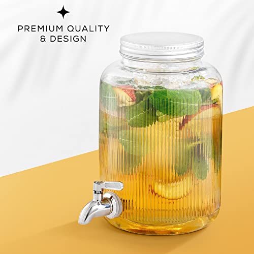 Fluted 1-Gallon Drink Dispenser. Glass Beverage Dispenser with Stainless steel Spigot plus Ice Cylinder and Fruit Infuser! Water Dispenser, Lemonade Stand, Juice Container - Dispensers for Parties