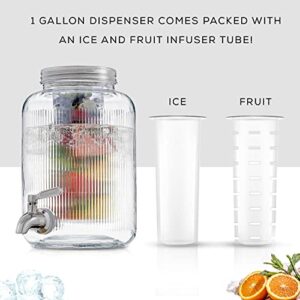 Fluted 1-Gallon Drink Dispenser. Glass Beverage Dispenser with Stainless steel Spigot plus Ice Cylinder and Fruit Infuser! Water Dispenser, Lemonade Stand, Juice Container - Dispensers for Parties