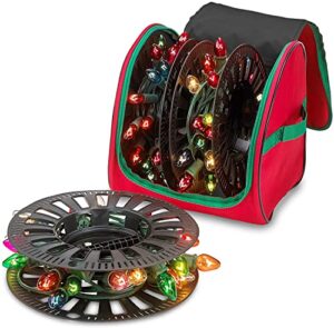 premium christmas light storage bag – heavy duty tear proof 600d/inside pvc material with reinforced handles - with 3 reels stores up to 375 ft of mini christmas tree lights & extension cords - red