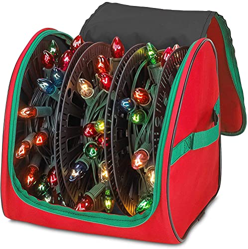 Premium Christmas Light Storage Bag – Heavy Duty Tear Proof 600D/Inside PVC Material with Reinforced Handles - With 3 Reels Stores up to 375 Ft of Mini Christmas Tree Lights & Extension Cords - Red