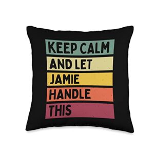 personalized gift ideas jamie keep calm and let jamie handle this funny quote retro throw pillow, 16x16, multicolor