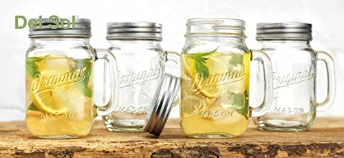 Glaver's Mason Jar 16 Oz. Glass Mugs with Handle and Lid Set Of 6 Old Fashioned Drinking Glass Bottles Original Mason Jar Pint Sized Cup Set.