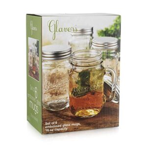 Glaver's Mason Jar 16 Oz. Glass Mugs with Handle and Lid Set Of 6 Old Fashioned Drinking Glass Bottles Original Mason Jar Pint Sized Cup Set.
