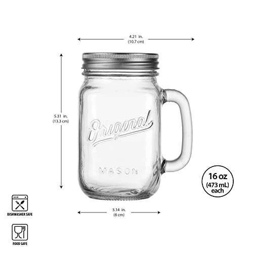 Glaver's Mason Jar 16 Oz. Glass Mugs with Handle and Lid Set Of 6 Old Fashioned Drinking Glass Bottles Original Mason Jar Pint Sized Cup Set.