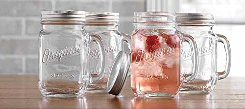 Glaver's Mason Jar 16 Oz. Glass Mugs with Handle and Lid Set Of 6 Old Fashioned Drinking Glass Bottles Original Mason Jar Pint Sized Cup Set.