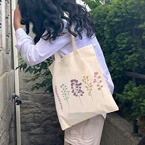 Flower Canvas Cute Aesthetic Plant Tote Bag for Women Shopping,Reusable Beach College Black&White Tote Bag (Flower White)