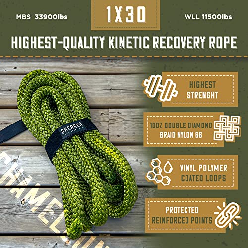 Greaker 1" x30' (33,900lbs MBS) Kinetic Energy Recovery Tow Rope Heavy Duty Offroad Snatch Strap for UTV, ATV, Truck, Car, Jeep, Tractor - Unique 4x4 Style