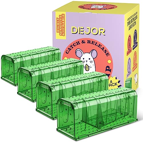 DEJOR Humane Mouse Trap Live Catch Indoor for Home/Outdoor Durable Reusable No Harm to Mice Rats Rodents Easy Release Door Knob - Kids Pets Safe Perfect for House/Outside Pest Control - 4 Pack, Green