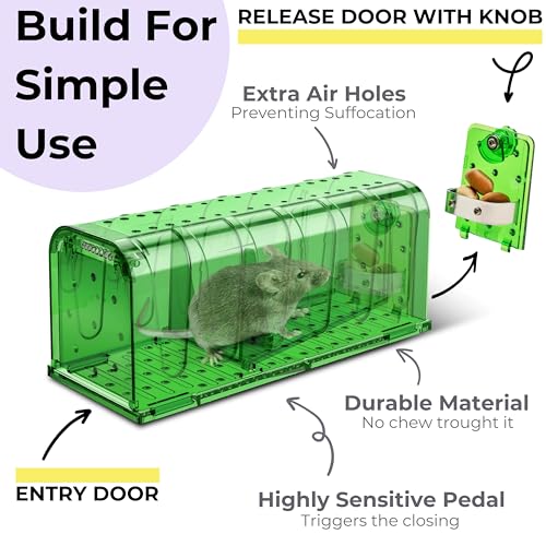 DEJOR Humane Mouse Trap Live Catch Indoor for Home/Outdoor Durable Reusable No Harm to Mice Rats Rodents Easy Release Door Knob - Kids Pets Safe Perfect for House/Outside Pest Control - 4 Pack, Green