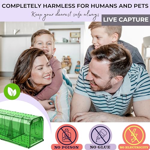 DEJOR Humane Mouse Trap Live Catch Indoor for Home/Outdoor Durable Reusable No Harm to Mice Rats Rodents Easy Release Door Knob - Kids Pets Safe Perfect for House/Outside Pest Control - 4 Pack, Green