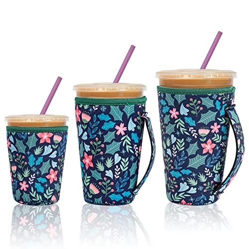 FENSING Reusable Iced Coffee Sleeve for Iced Coffee Cups, 3 Pack Insulator Neoprene Cup Sleeve with Handle for Cold Drinks Beverage Compatible with Starbucks Dunkin Coffee and More (Leaf)