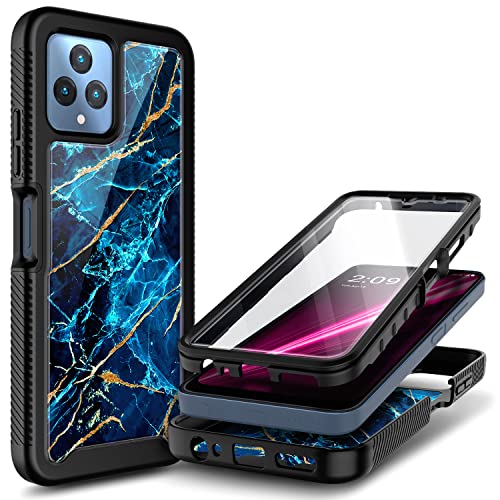 NZND Case for T-Mobile REVVL 6 5G / REVVL 6X 5G with [Built-in Screen Protector], Full-Body Shockproof Protective Rugged Bumper Cover, Impact Resist Durable Phone Case (Marble Design Sapphire)