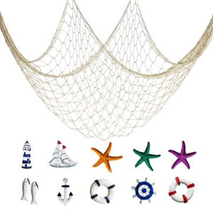 fish net decorative natural party decorations with diy accessory, mediterranean decor for pirate, hawaiian, mermaid, under the sea, ocean themed party, classroom cotton crafting supplies-diy kit