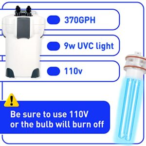 COOSPIDER UV Light External Canister Filters Fish Tank Filter 370GPH Aquarium Turtle Tank Filter with Media EPA EST NO. : 96998-CHN-1