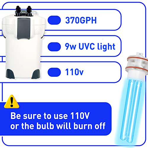 COOSPIDER UV Light External Canister Filters Fish Tank Filter 370GPH Aquarium Turtle Tank Filter with Media EPA EST NO. : 96998-CHN-1