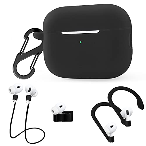 Geiomoo 4 in 1 Silicone Case Compatible with Air Pods Pro 2nd Generation, Protective Cover with Carabiner (Black)