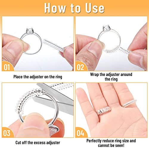 Ring Sizer Adjuster for Loose Rings, 22 Pack 4 Sizes Silicone Ring Guards Invisible Ring Adjuster Spiral Ring Spacers Fitter with Polishing Cloth, Transparent Ring Resizer Tightener for Women and Men