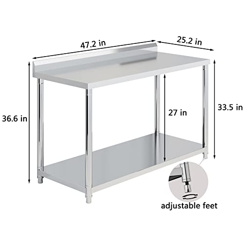 GGW Stainless Steel Table for Prep & Work 48 x 25, Heavy Duty Commercial Work Table with Undershelf and Backsplash, Metal Prep Table for Outdoor, Indoor, Commercial Restaurant, Kitchen, Cafe, Hotel