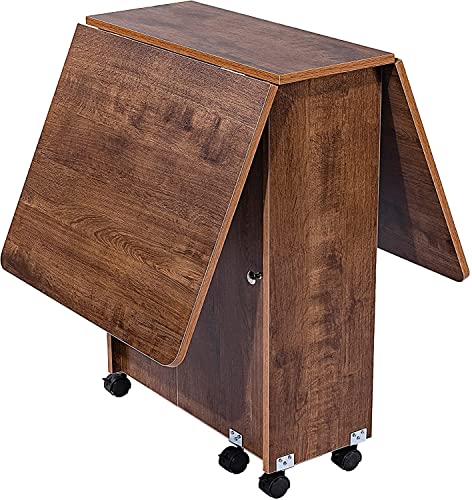 EazeHome Folding Table, Wood Kitchen Table, Versatile Dining Table with 2 Storage Shelves, Movable Dinner Table with 6 Casters, Drop Leaf Table for Small Spaces, Brown Foldable Table for 2-4 Persons