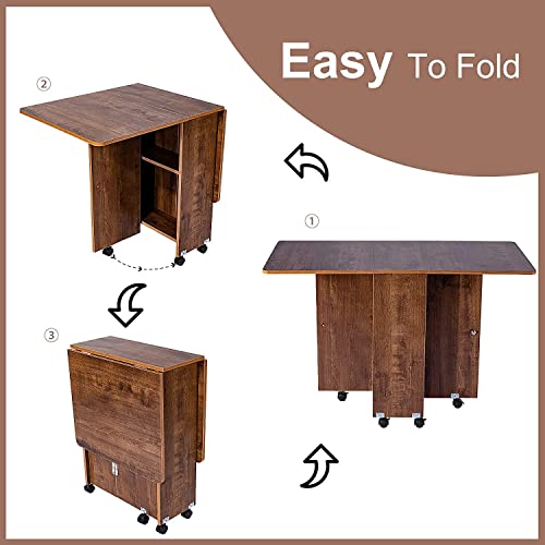 EazeHome Folding Table, Wood Kitchen Table, Versatile Dining Table with 2 Storage Shelves, Movable Dinner Table with 6 Casters, Drop Leaf Table for Small Spaces, Brown Foldable Table for 2-4 Persons