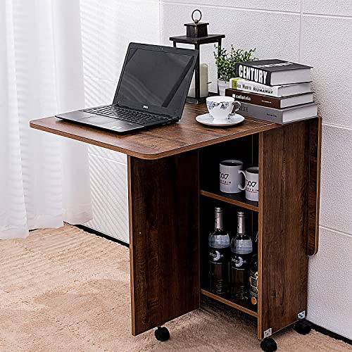 EazeHome Folding Table, Wood Kitchen Table, Versatile Dining Table with 2 Storage Shelves, Movable Dinner Table with 6 Casters, Drop Leaf Table for Small Spaces, Brown Foldable Table for 2-4 Persons