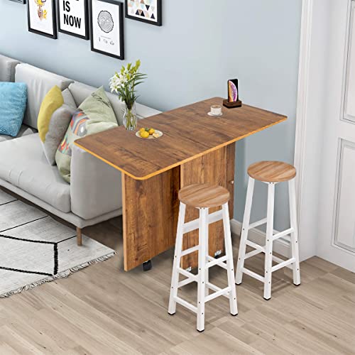 EazeHome Folding Table, Wood Kitchen Table, Versatile Dining Table with 2 Storage Shelves, Movable Dinner Table with 6 Casters, Drop Leaf Table for Small Spaces, Brown Foldable Table for 2-4 Persons