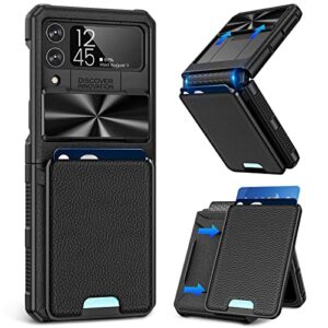 caka for z flip 4 case wallet, samsung flip 4 case with card holder built in camera cover & hinge protection magnetic leather wallet case for galaxy flip 4 phone case -black