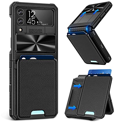 Caka for Z Flip 4 Case Wallet, Samsung Flip 4 Case with Card Holder Built in Camera Cover & Hinge Protection Magnetic Leather Wallet Case for Galaxy Flip 4 Phone Case -Black