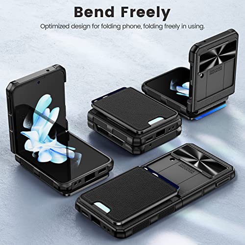 Caka for Z Flip 4 Case Wallet, Samsung Flip 4 Case with Card Holder Built in Camera Cover & Hinge Protection Magnetic Leather Wallet Case for Galaxy Flip 4 Phone Case -Black