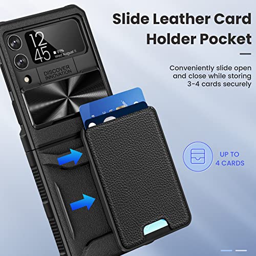Caka for Z Flip 4 Case Wallet, Samsung Flip 4 Case with Card Holder Built in Camera Cover & Hinge Protection Magnetic Leather Wallet Case for Galaxy Flip 4 Phone Case -Black