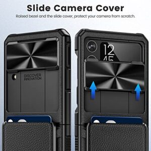 Caka for Z Flip 4 Case Wallet, Samsung Flip 4 Case with Card Holder Built in Camera Cover & Hinge Protection Magnetic Leather Wallet Case for Galaxy Flip 4 Phone Case -Black