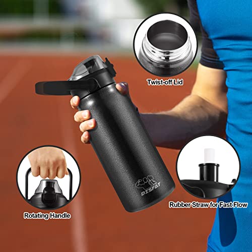 With Straw Water Bottle, 44 oz Vacuum Insulated Sports Water Bottle, can hold hot water for 12h and cold water for 24h, reusable, double wall vacuum mug water bottle（BIACK）