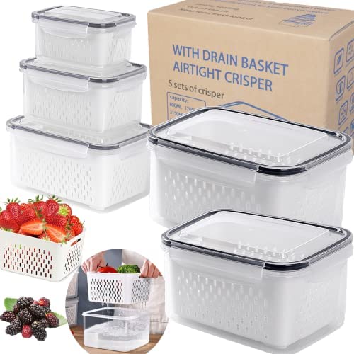 NIYUPE Fridge Vegetable Storage Containers, 5 Pack Produce Preservation Containers Fridge Organizer with Lid Plastic Organizer Vegetable and Colander for Fruits, Salads, Lettuce, Berries