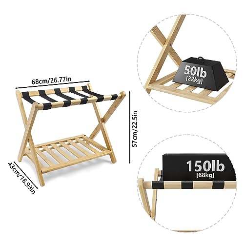 Smuxee Fully Assembled Luggage Rack Pack of 2, Upgraded Bamboo Foldable Suitcase Stand with 5 Nylon Straps, Luggage Holder with Shelf for Guest Room Bedroom Hotel (Nature Luggage Rack 2pcs)