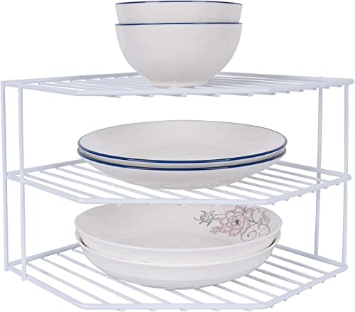 JBESUHI 3-Tier Corner Shelf Counter and Cabinet Organizer -Countertop Organizer - Cabinet Corner Rack for Plate - Cabinet & Pantry Kitchen Organization (White)