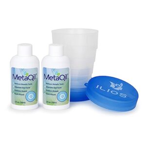 metaqil oral rinse, relieve metallic, bitter, treatment taste and disorders, natural ingredients, ‎cools and freshens breath, 2 oz, 2 count. free ilios travel cup