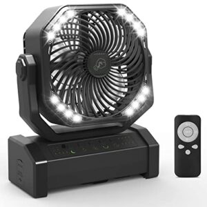 sallous camping fan with led light, 20000mah rechargeable battery operated table fan, auto-oscillating tent fan with remote & hook, 4 speed portable camping fan for travel picnic fishing, black